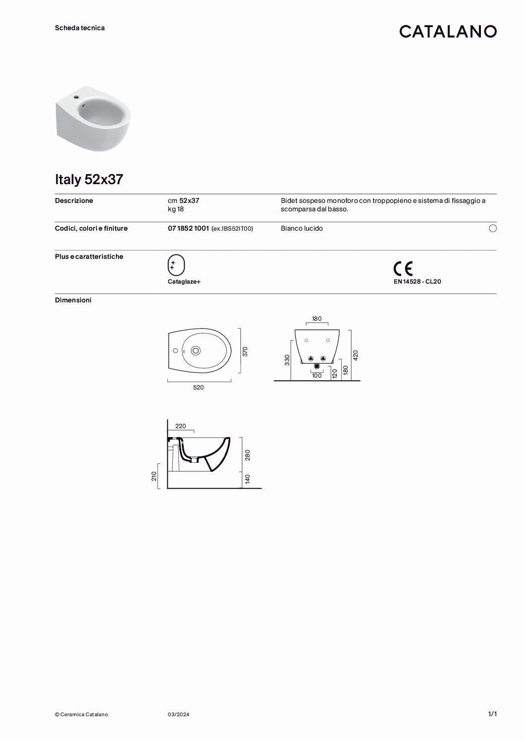 Sanitari sospesi Catalano Italy 52 vaso New Flush, bidet e coprivaso rallentato