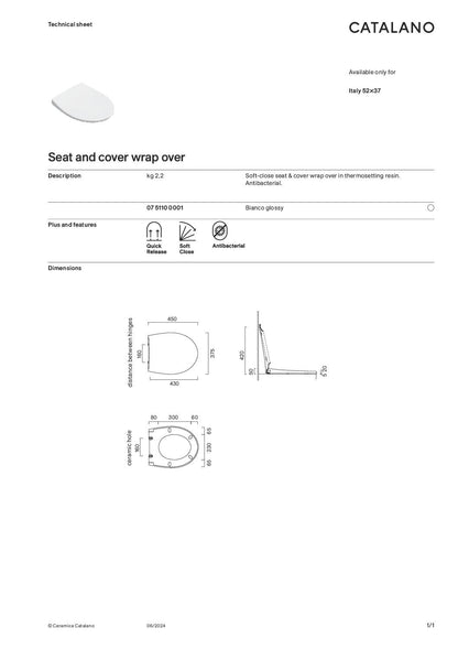 Sanitari sospesi Catalano Italy 52 vaso New Flush, bidet e coprivaso rallentato